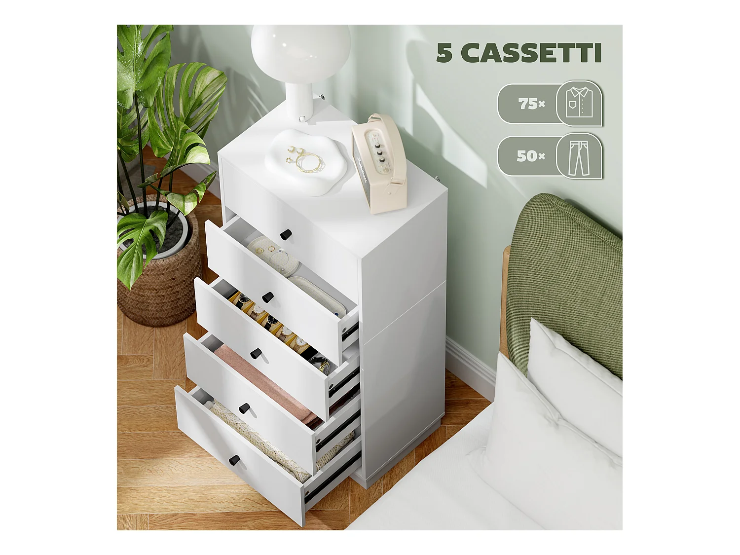 Cassettiera 5 cassetti alta per camera in legno bianco