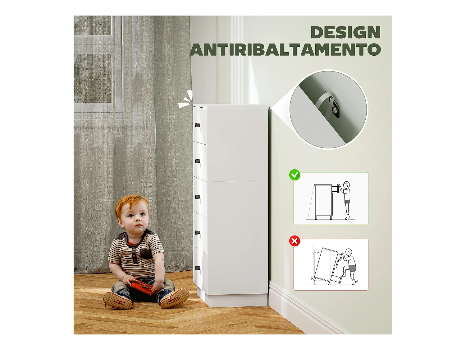 Cassettiera 5 cassetti alta per camera in legno bianco