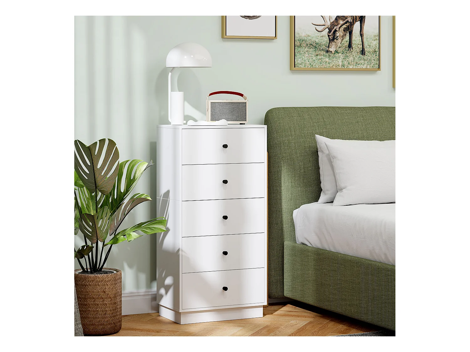 Cassettiera 5 cassetti alta per camera in legno bianco
