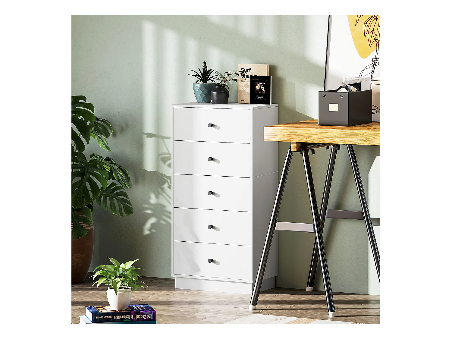 Cassettiera 5 cassetti alta per camera in legno bianco