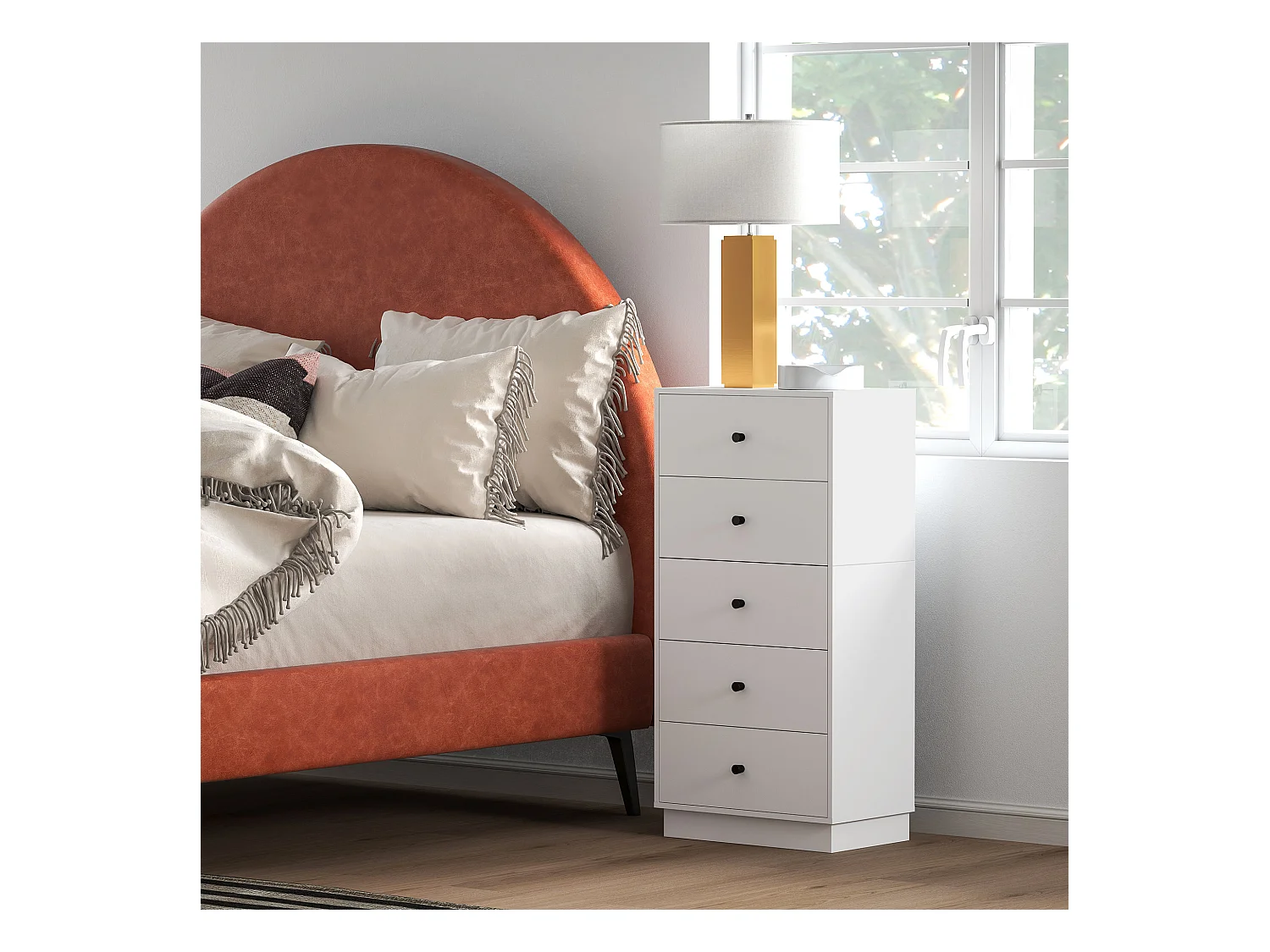 Cassettiera 5 cassetti alta per camera in legno bianco