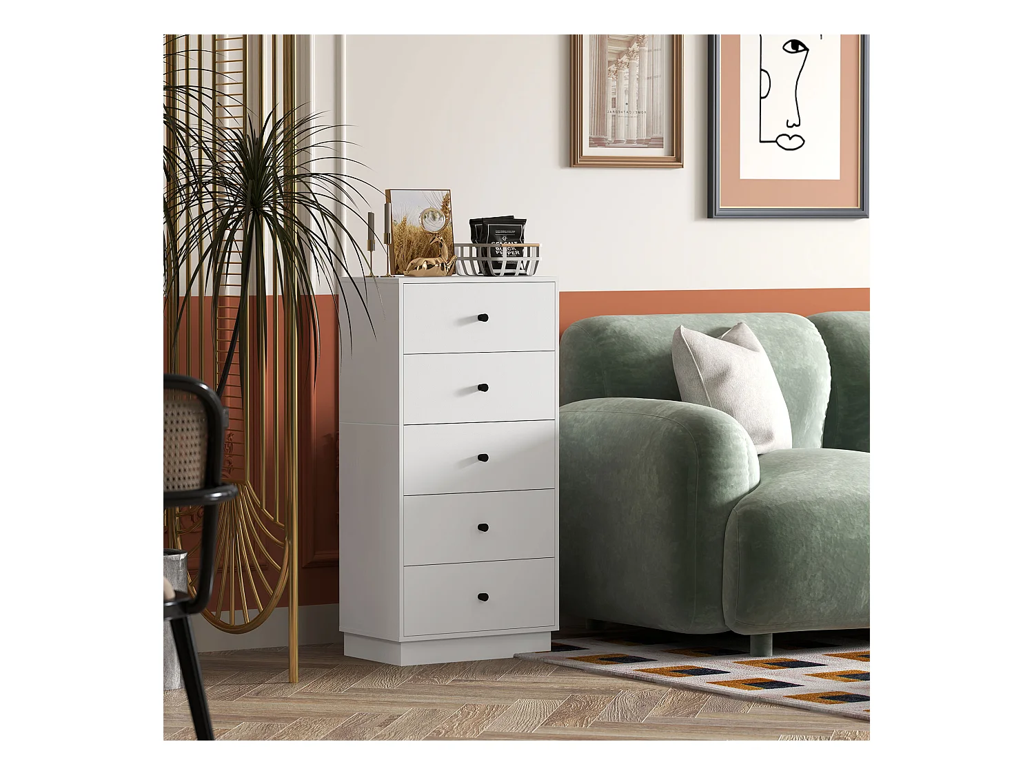 Cassettiera 5 cassetti alta per camera in legno bianco