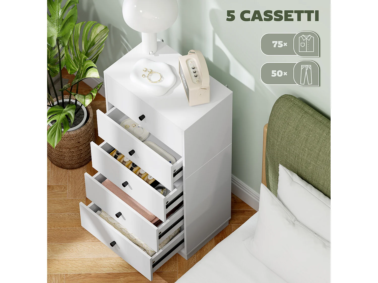 Cassettiera 5 cassetti alta per camera in legno bianco