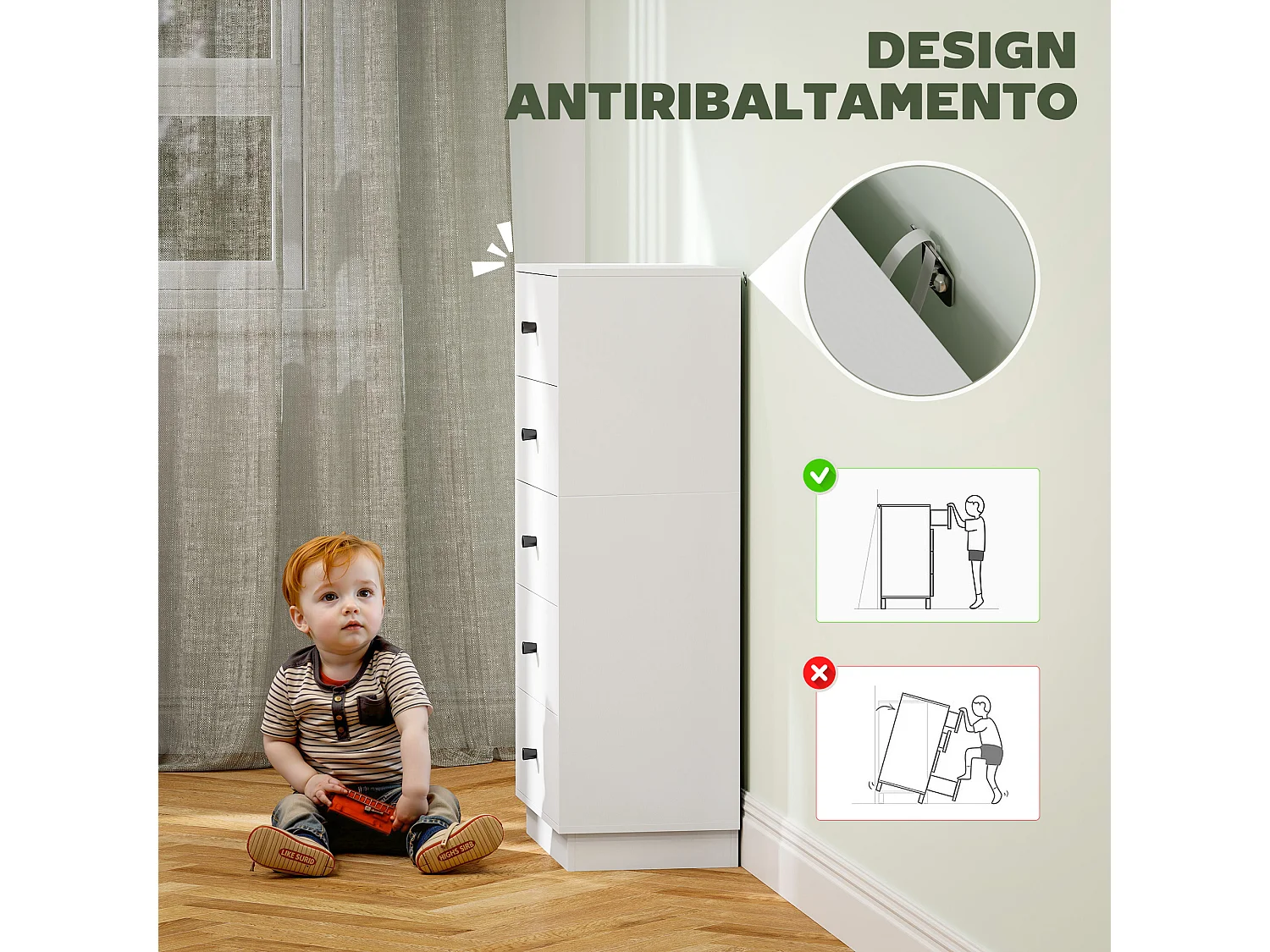 Cassettiera 5 cassetti alta per camera in legno bianco