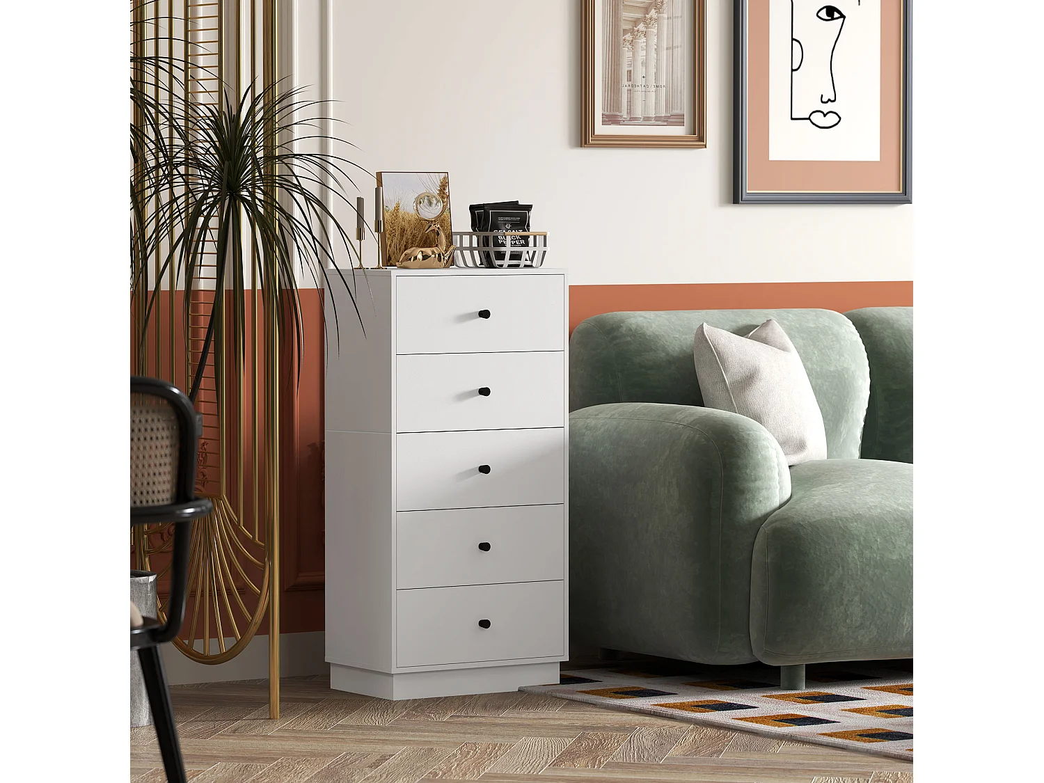 Cassettiera 5 cassetti alta per camera in legno bianco