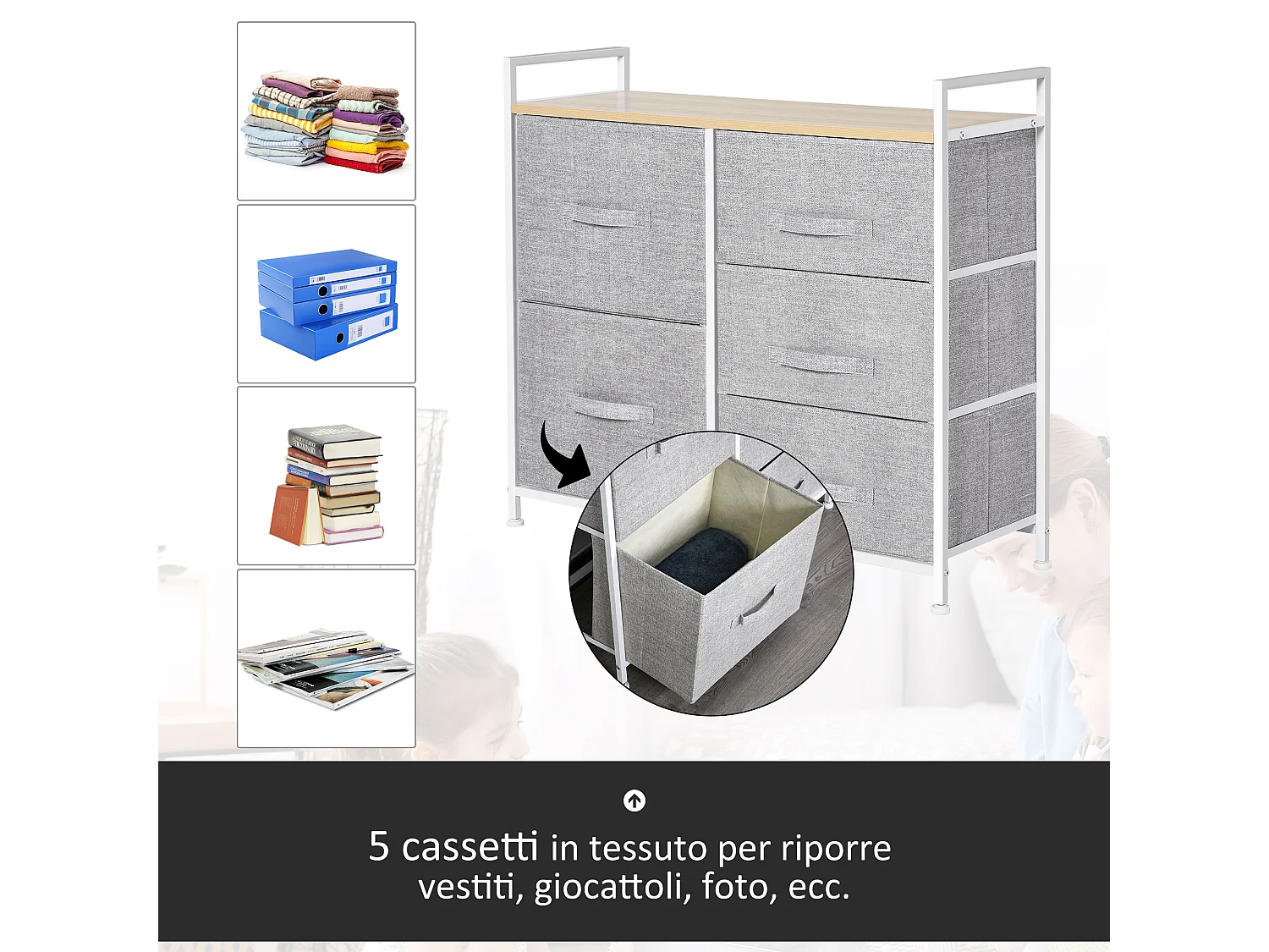 Cassettiera a 5 cassetti pieghevoli e rimovibili in tessuto grigio