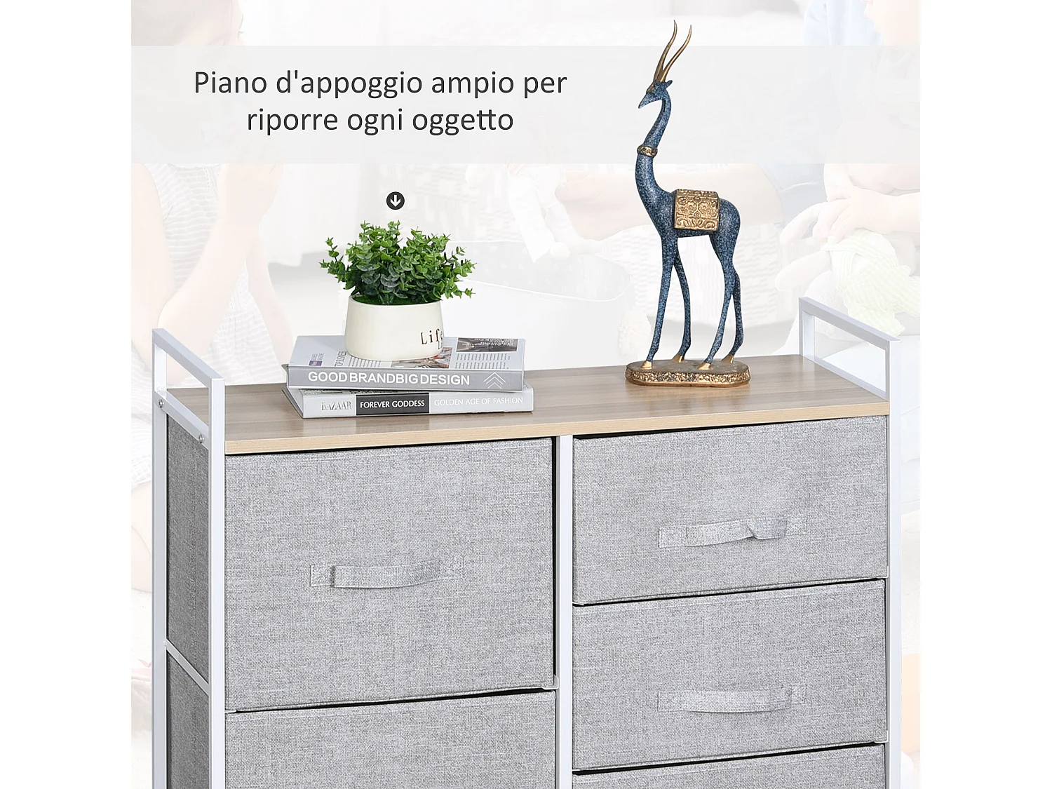 Cassettiera a 5 cassetti pieghevoli e rimovibili in tessuto grigio