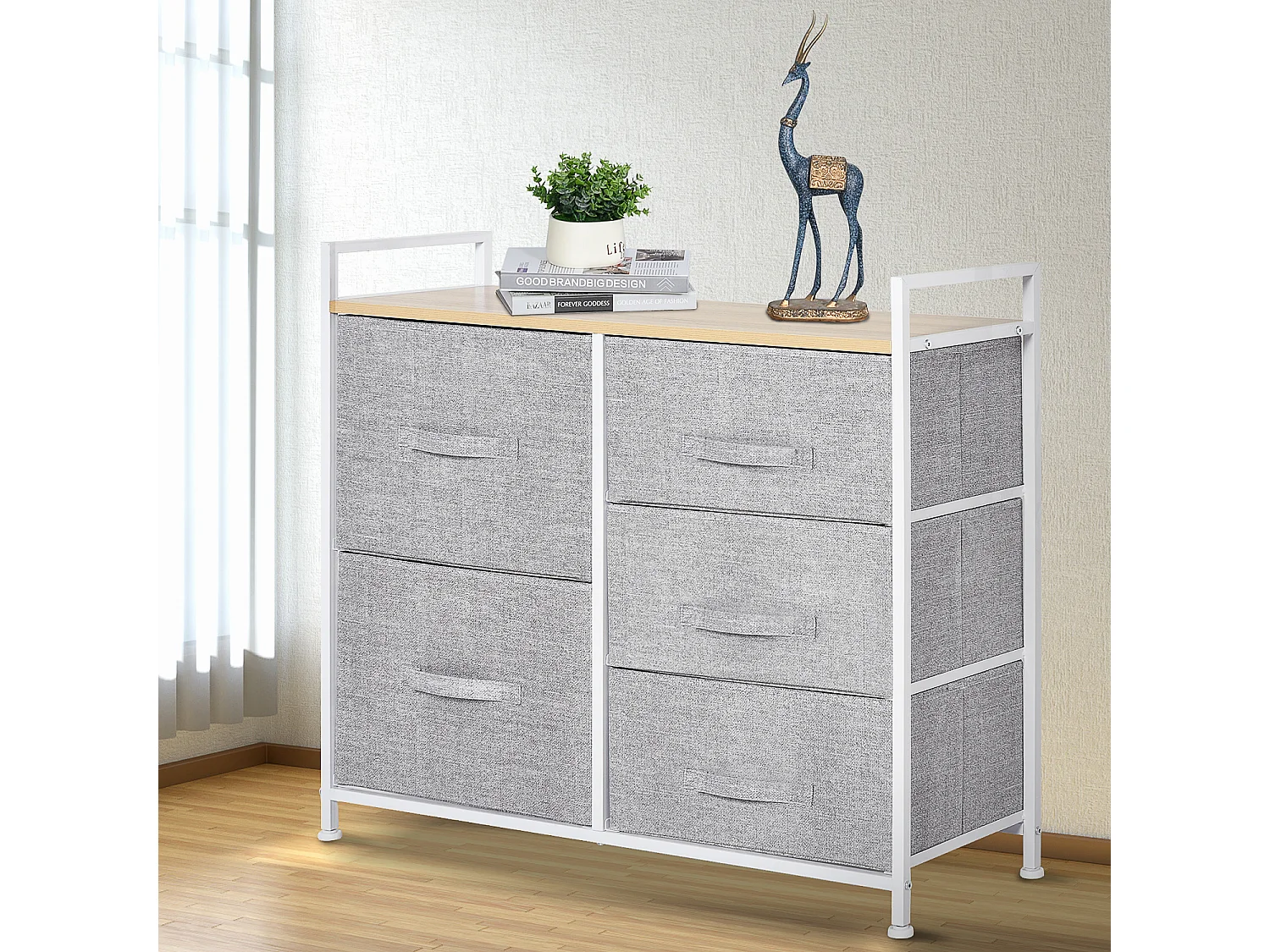 Cassettiera a 5 cassetti pieghevoli e rimovibili in tessuto grigio