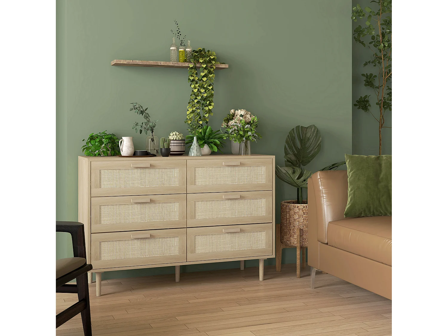 Cassettiera 6 cassetti boho in legno e rattan 110x40x75 cm color legno