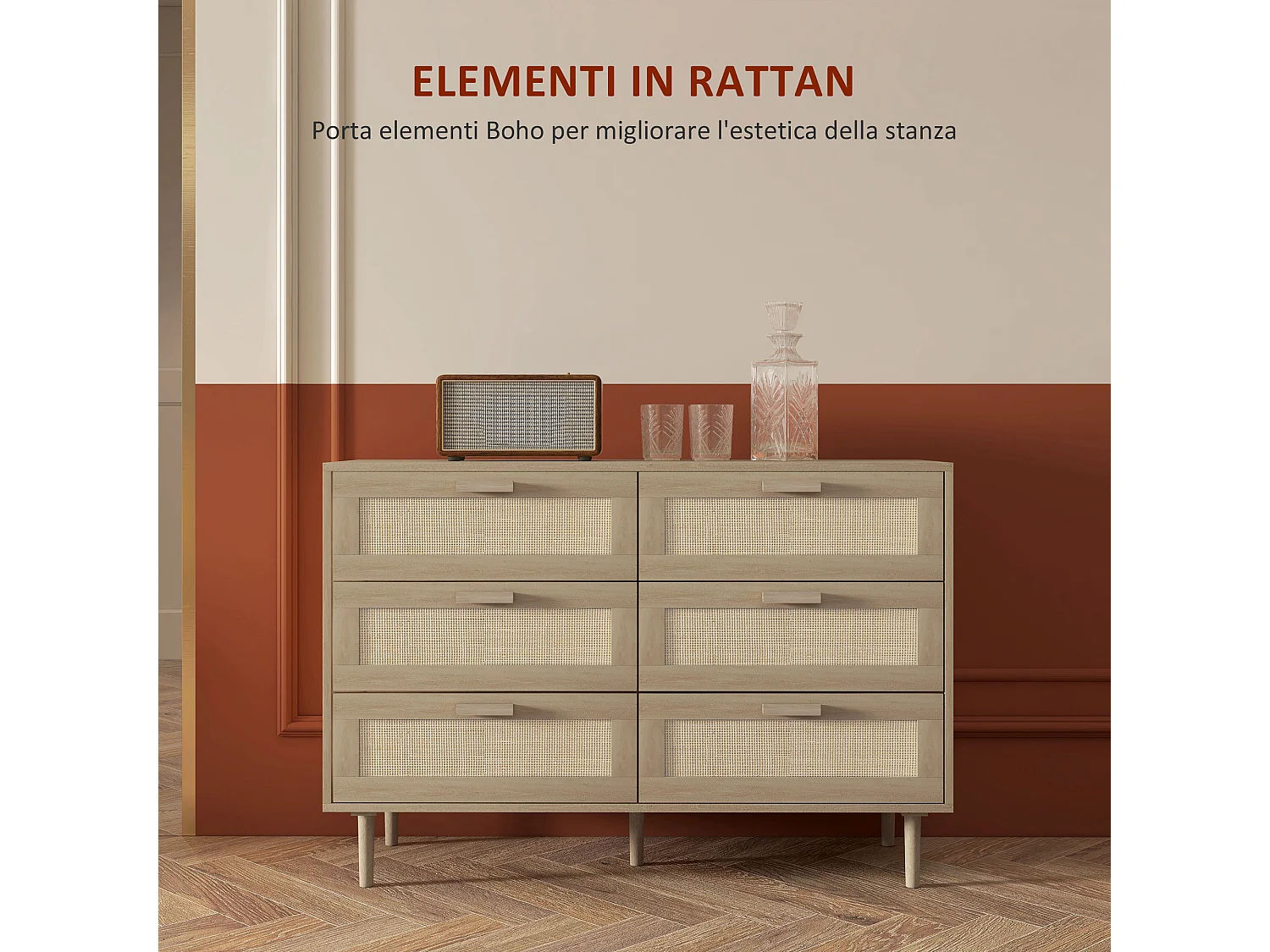 Cassettiera 6 cassetti boho in legno e rattan 110x40x75 cm color legno