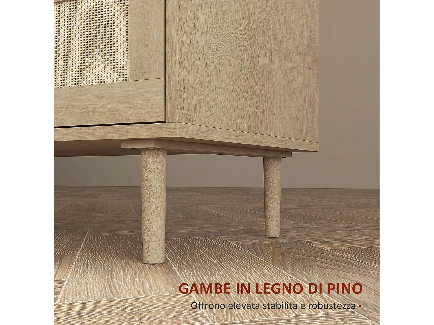 Cassettiera 6 cassetti boho in legno e rattan 110x40x75 cm color legno