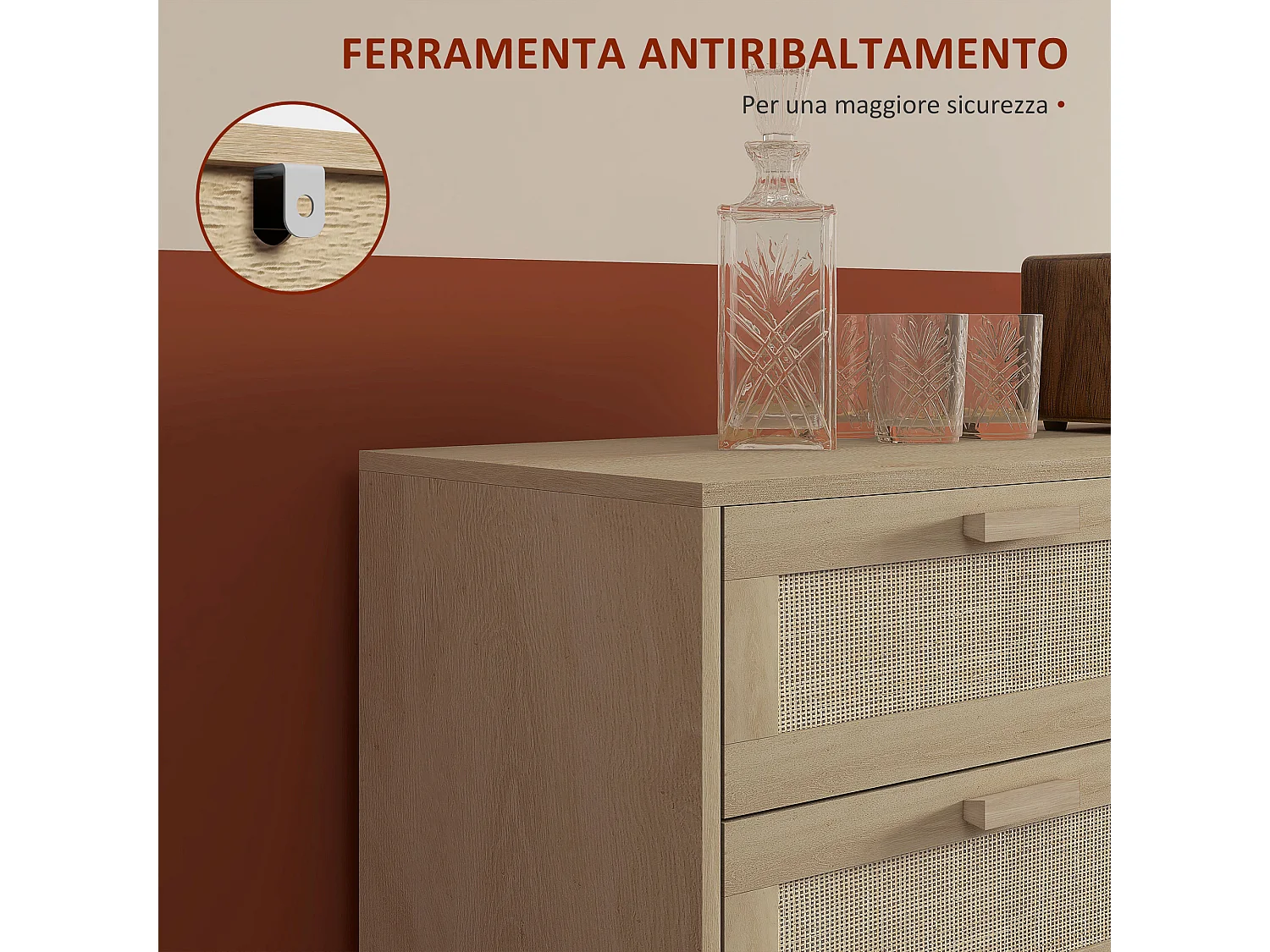 Cassettiera 6 cassetti boho in legno e rattan 110x40x75 cm color legno