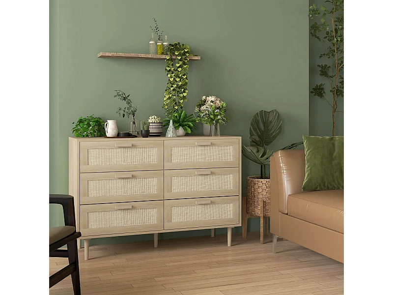 Cassettiera 6 cassetti boho in legno e rattan 110x40x75 cm color legno