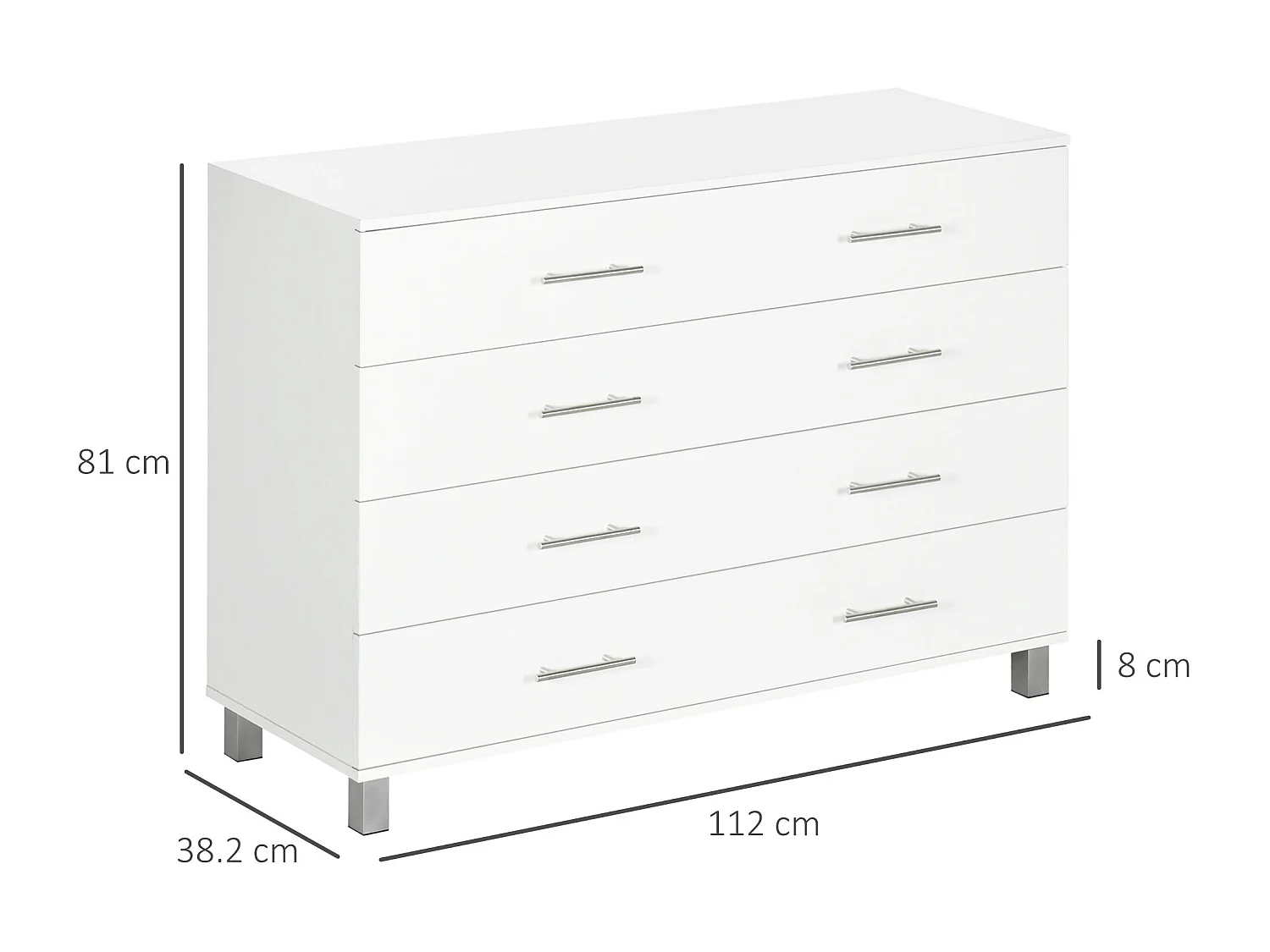 Cassettiera 4 cassetti per camera da letto in legno e metallo bianco