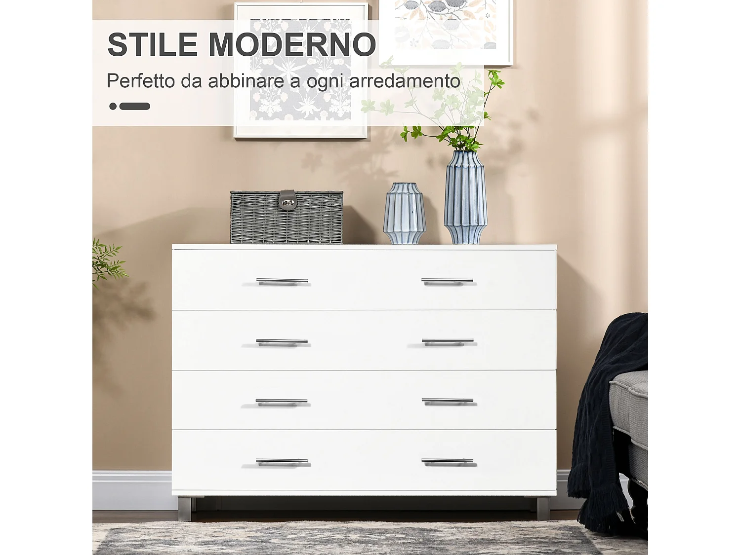 Cassettiera 4 cassetti per camera da letto in legno e metallo bianco