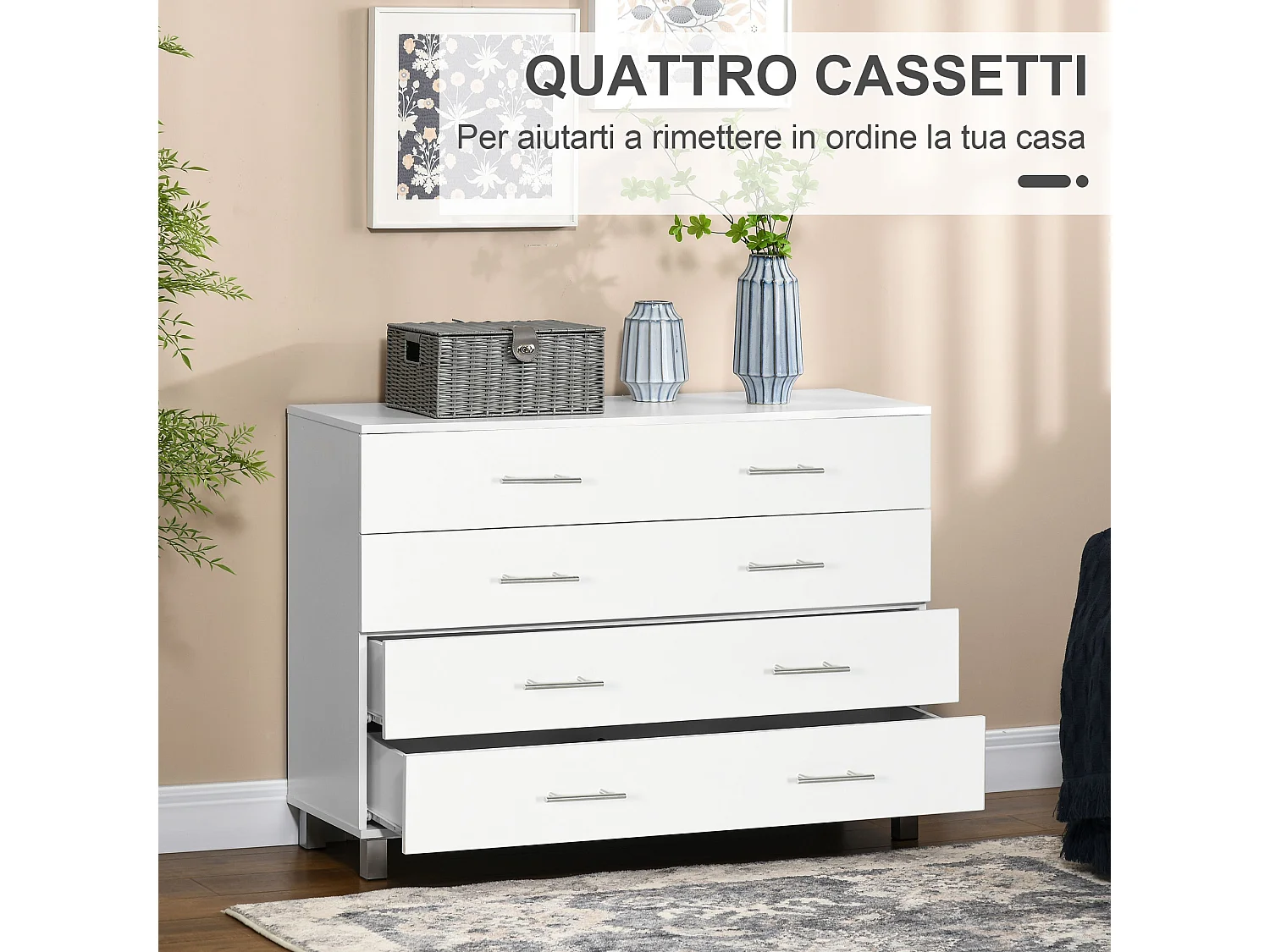 Cassettiera 4 cassetti per camera da letto in legno e metallo bianco