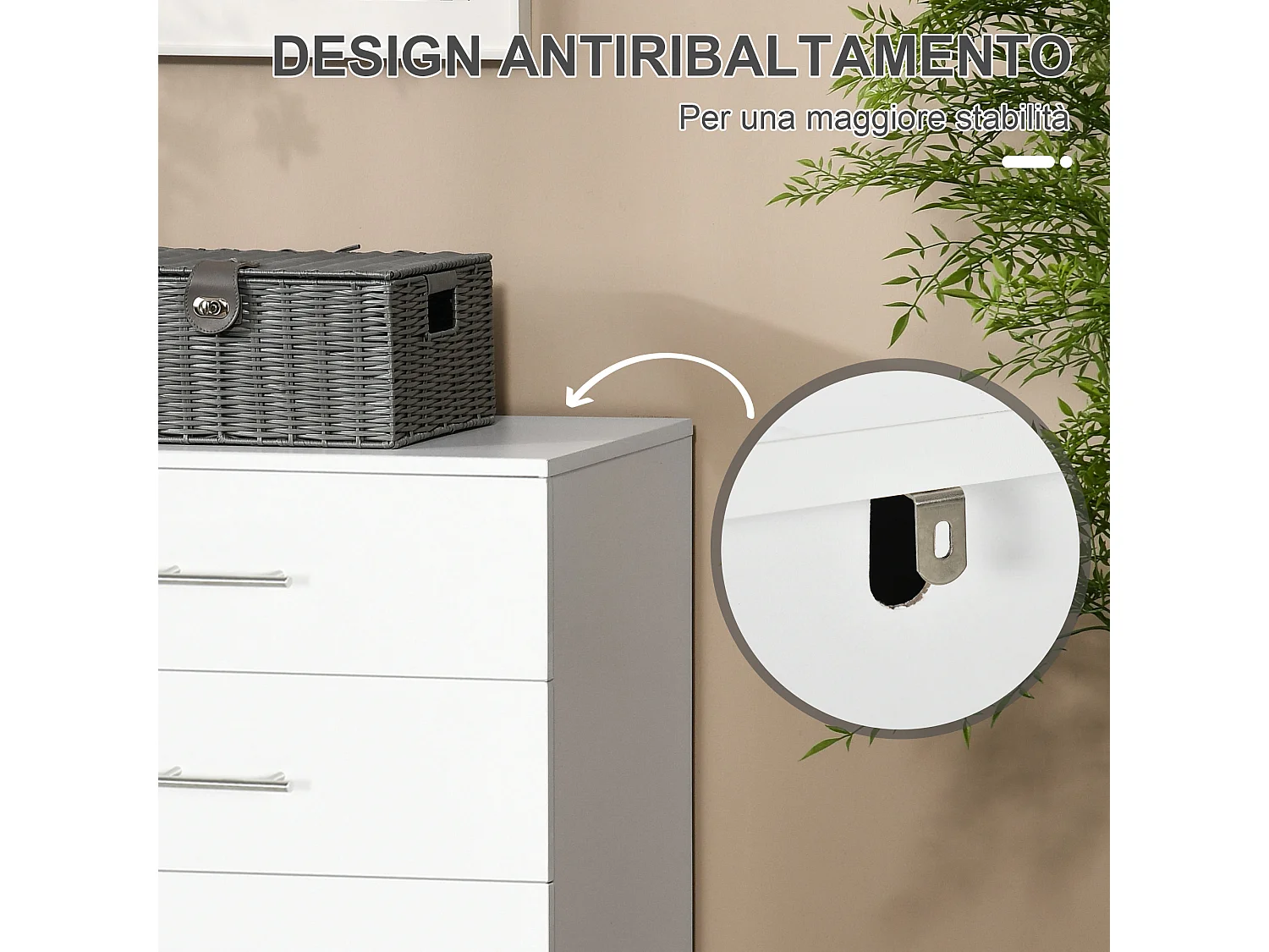 Cassettiera 4 cassetti per camera da letto in legno e metallo bianco
