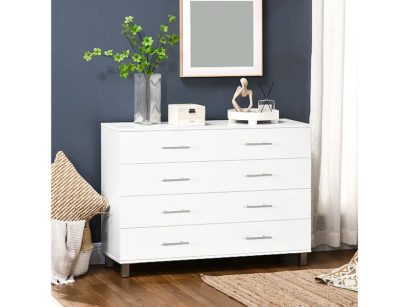 Cassettiera 4 cassetti per camera da letto in legno e metallo bianco