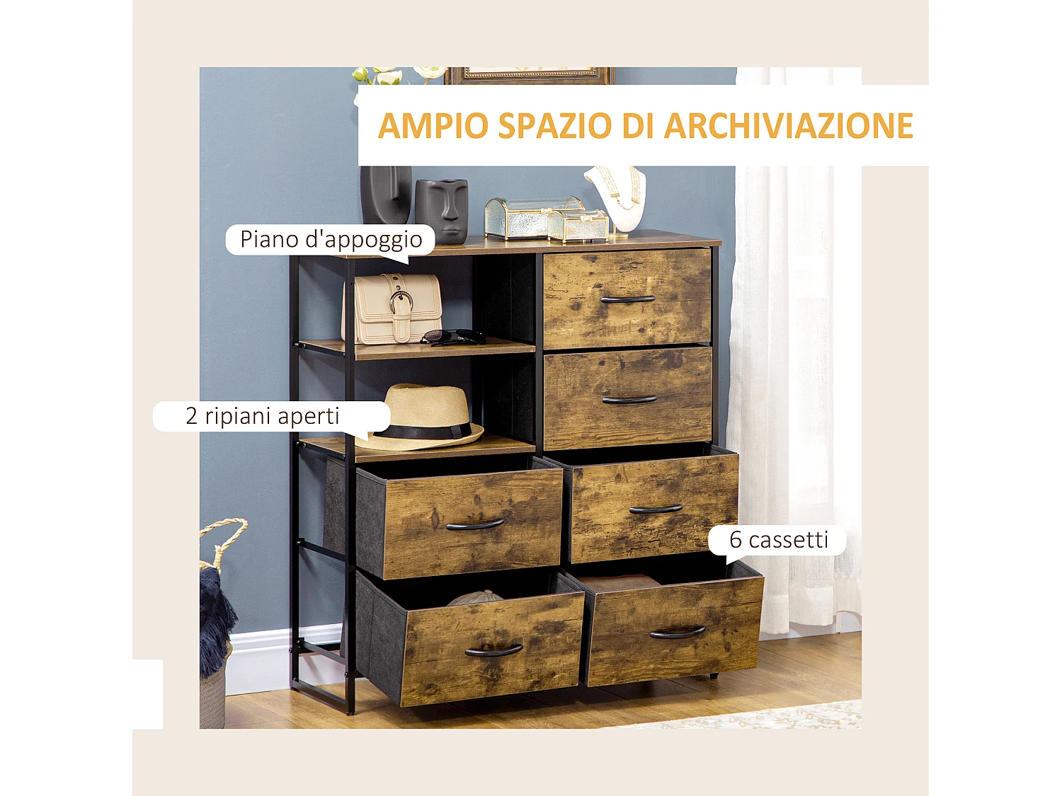 Cassettiera 6 cassetti in tessuto pieghevoli stile industriale marrone