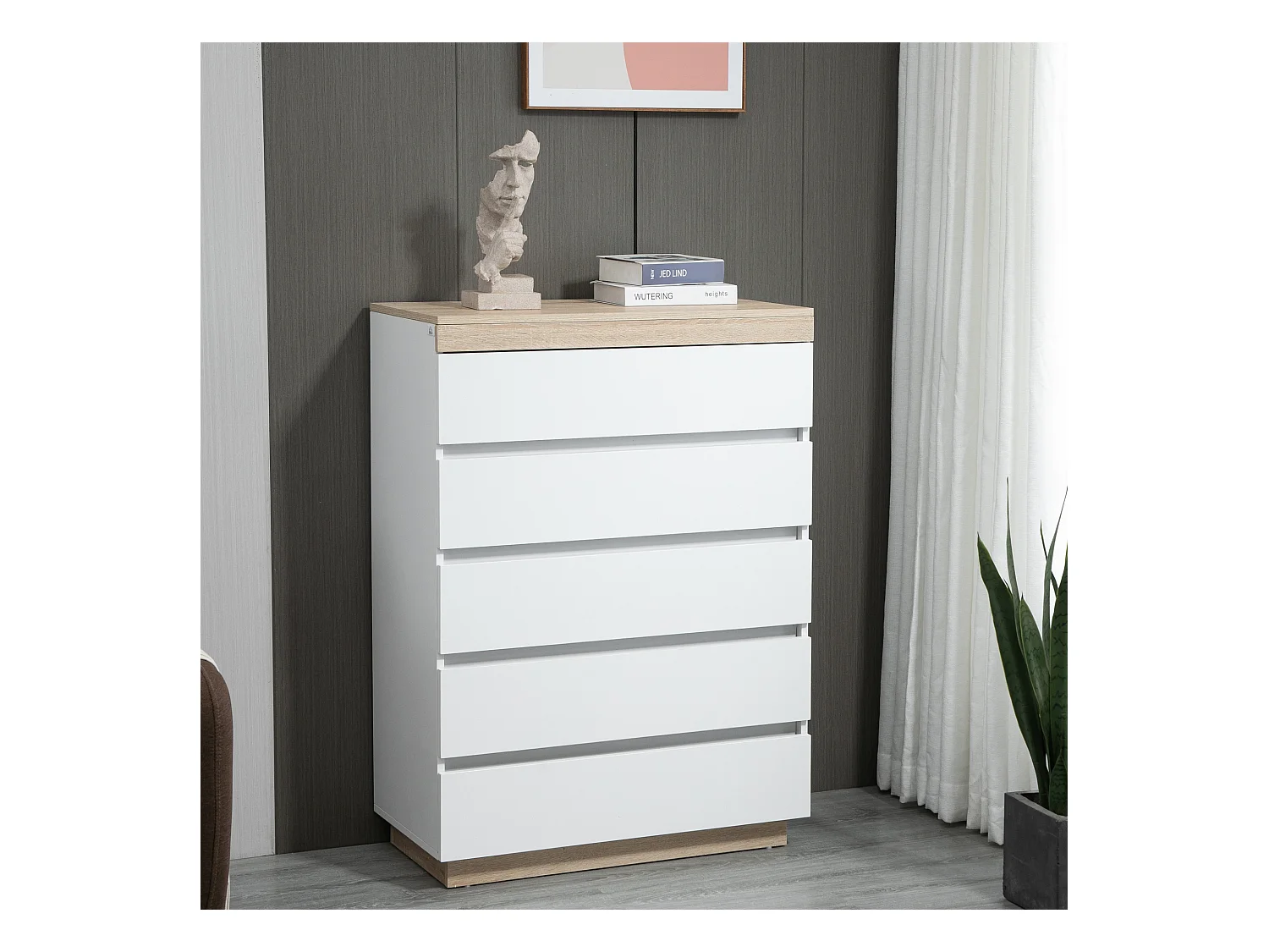 Cassettiera 5 cassetti minimal in truciolato bianco e rovere