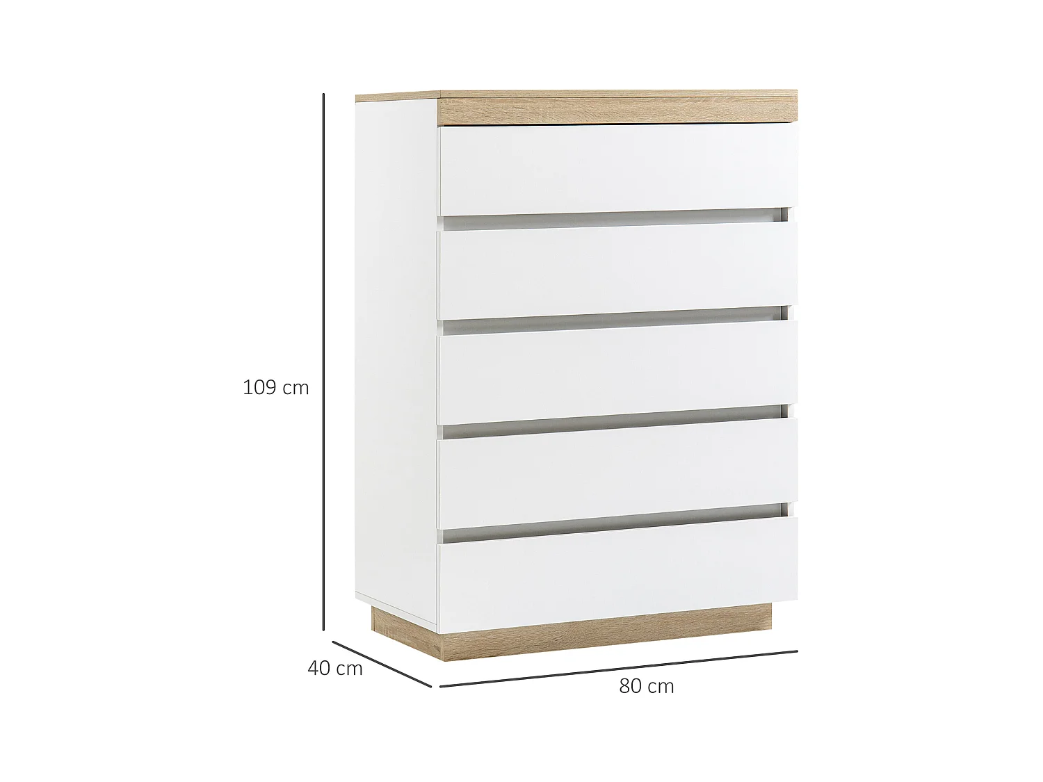 Cassettiera 5 cassetti minimal in truciolato bianco e rovere