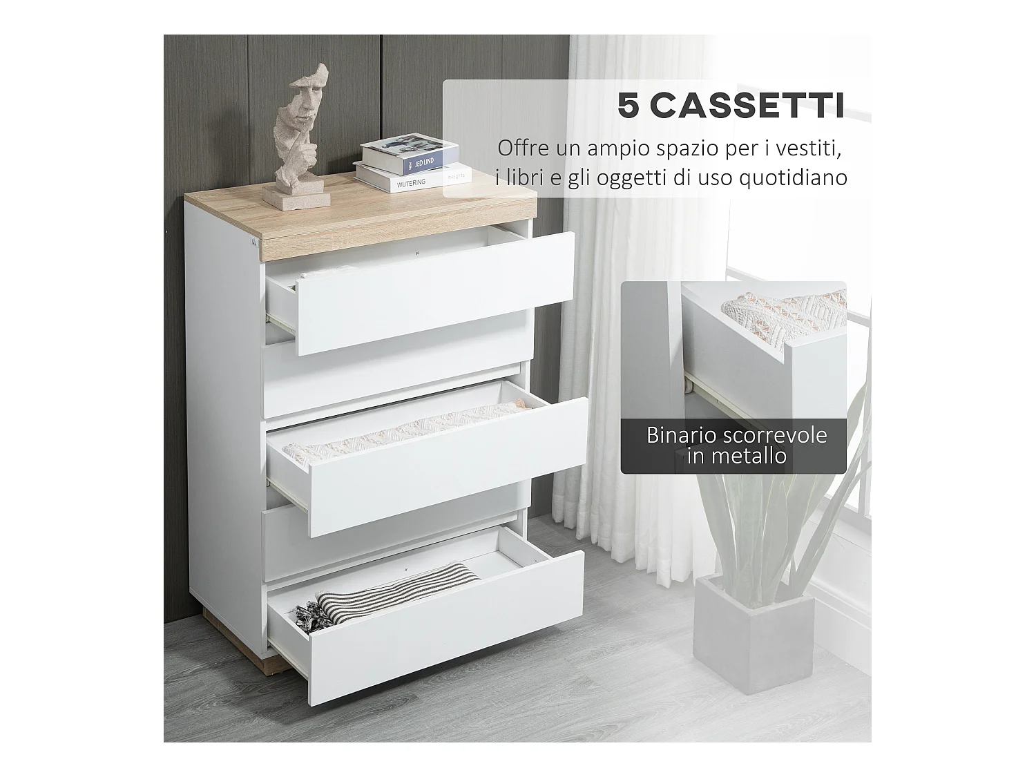 Cassettiera 5 cassetti minimal in truciolato bianco e rovere