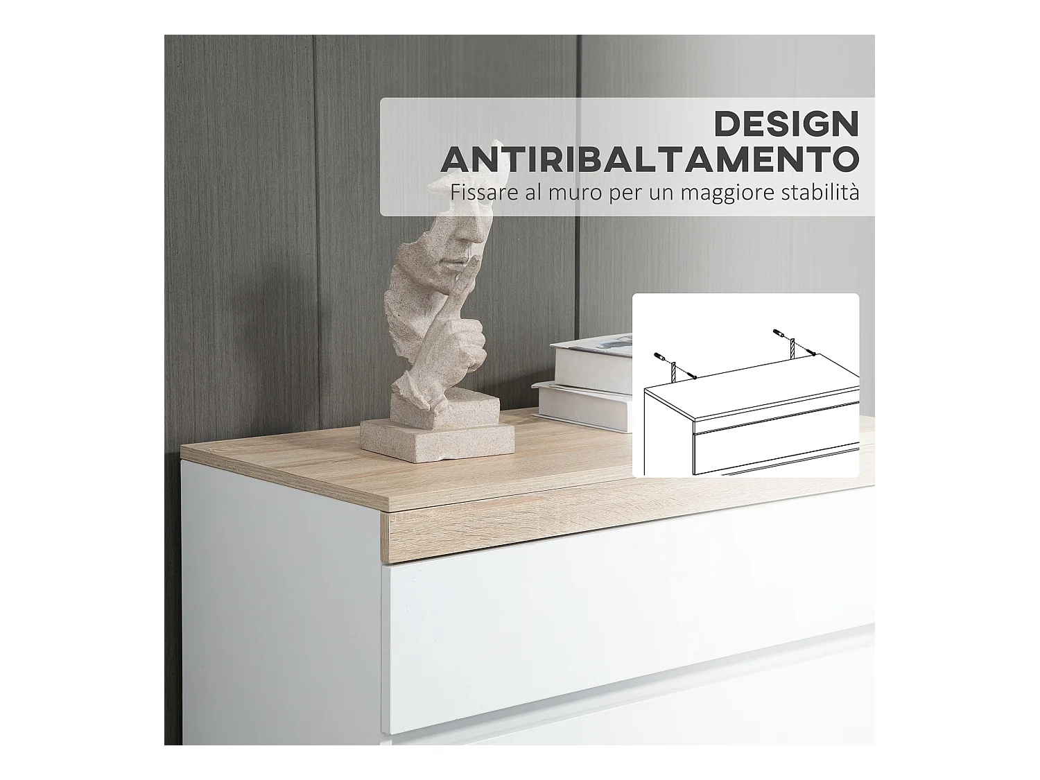 Cassettiera 5 cassetti minimal in truciolato bianco e rovere