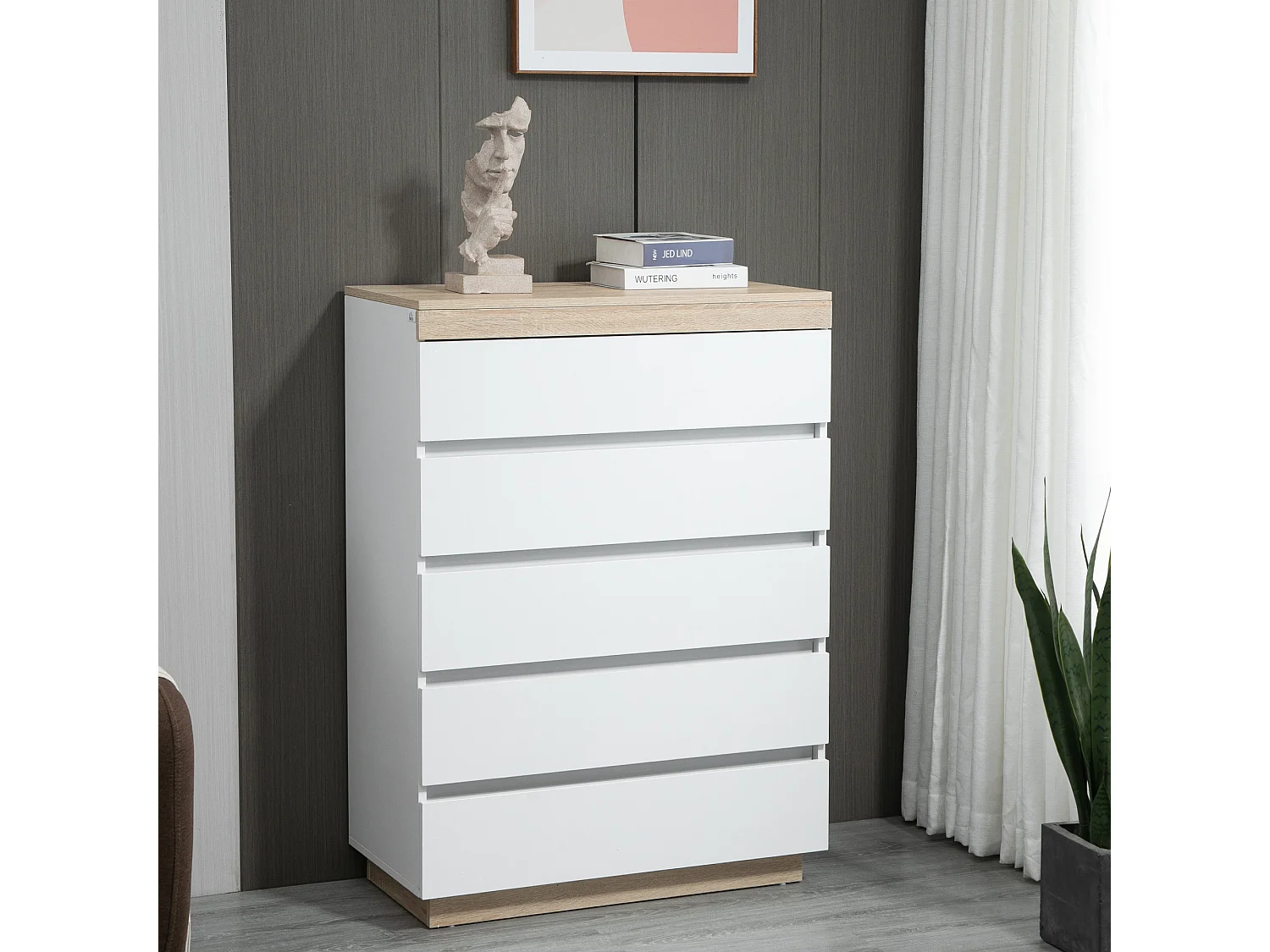 Cassettiera 5 cassetti minimal in truciolato bianco e rovere