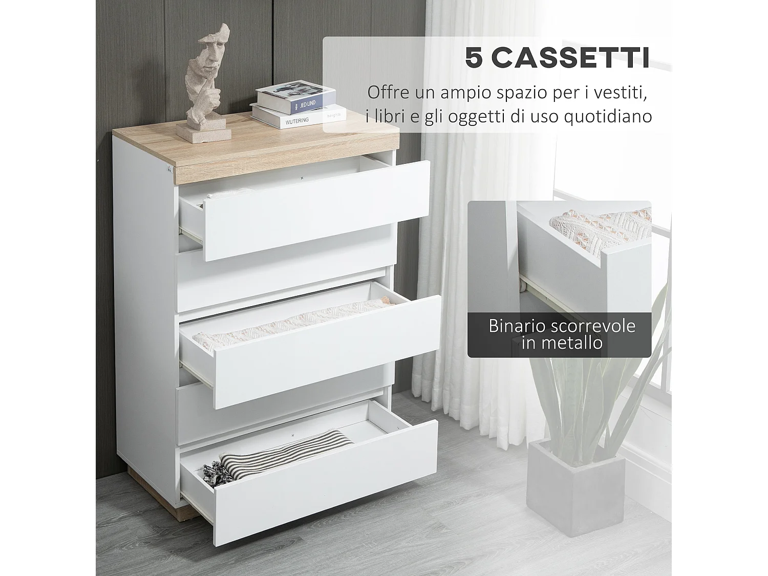 Cassettiera 5 cassetti minimal in truciolato bianco e rovere