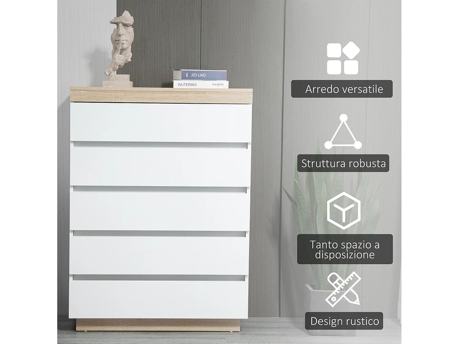 Cassettiera 5 cassetti minimal in truciolato bianco e rovere