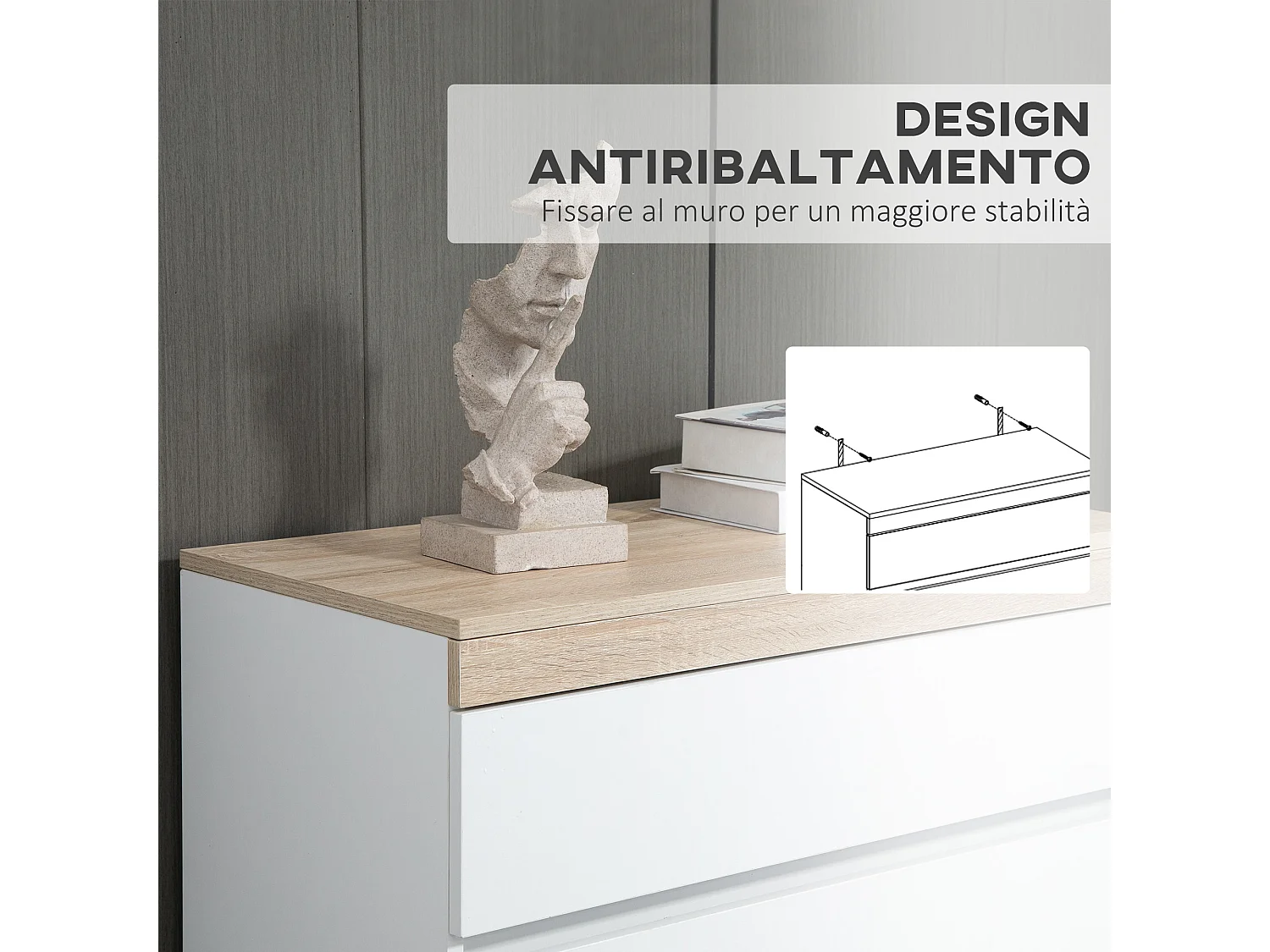 Cassettiera 5 cassetti minimal in truciolato bianco e rovere