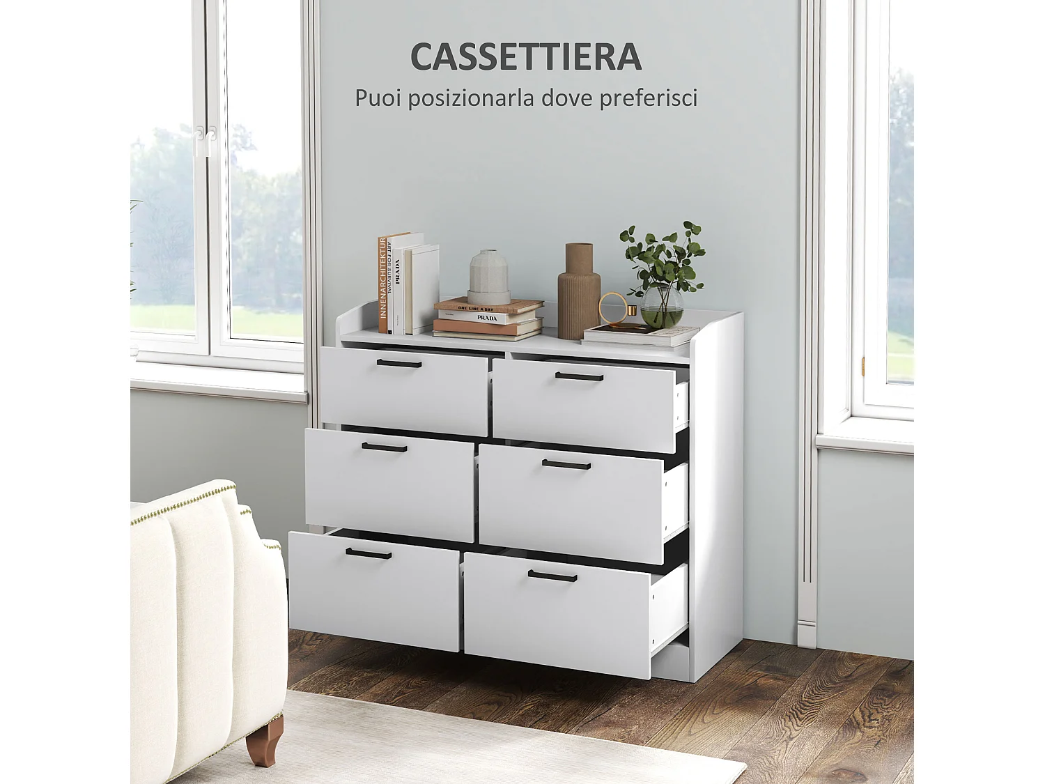 Cassettiera 6 cassetti moderna con bordi rialzati in legno bianco