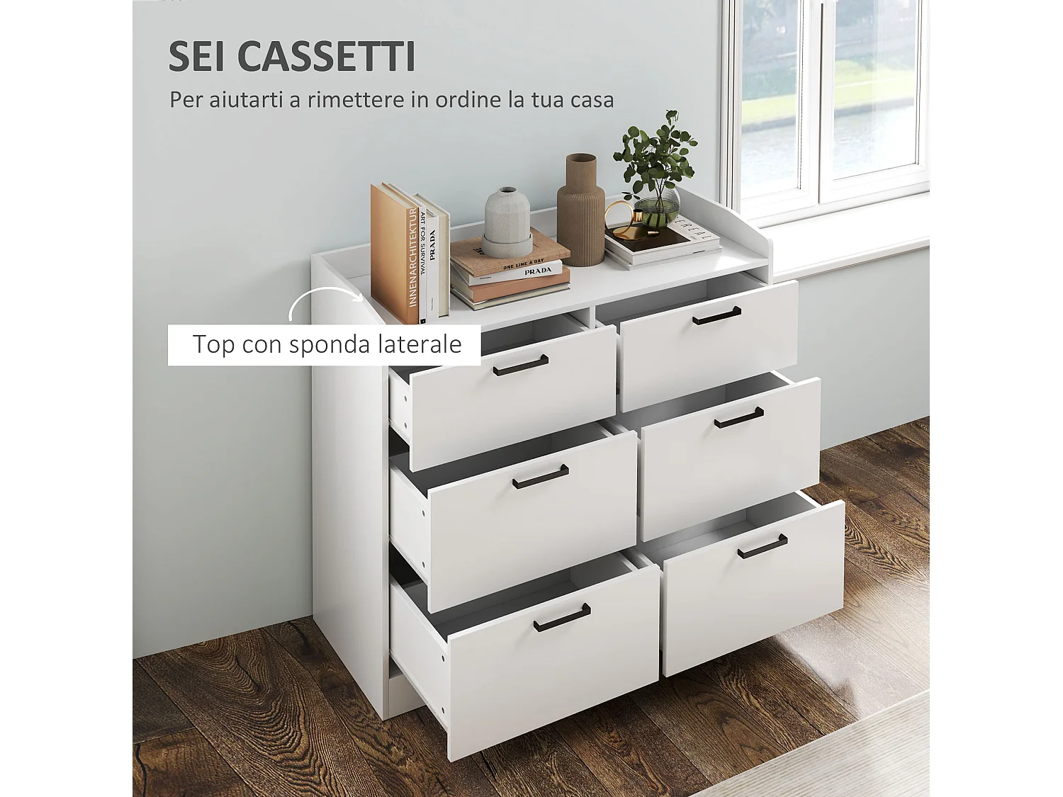 Cassettiera 6 cassetti moderna con bordi rialzati in legno bianco