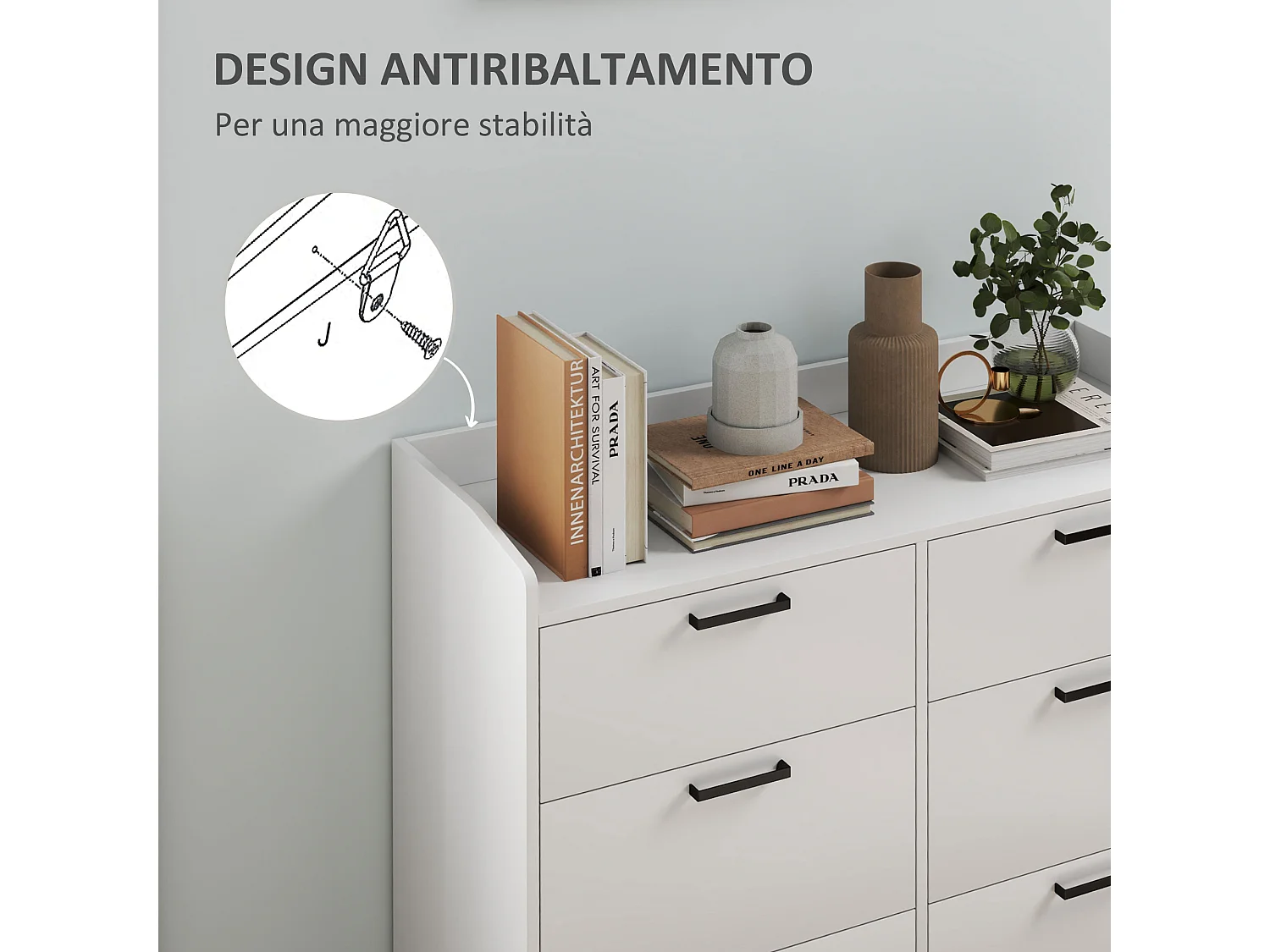 Cassettiera 6 cassetti moderna con bordi rialzati in legno bianco