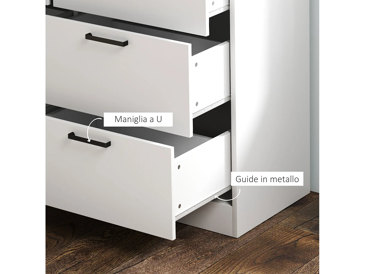 Cassettiera 6 cassetti moderna con bordi rialzati in legno bianco