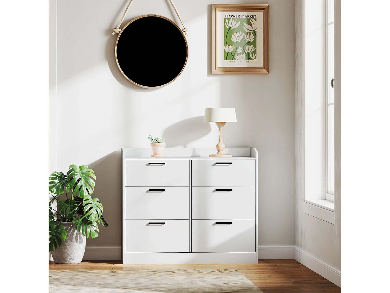 Cassettiera 6 cassetti moderna con bordi rialzati in legno bianco