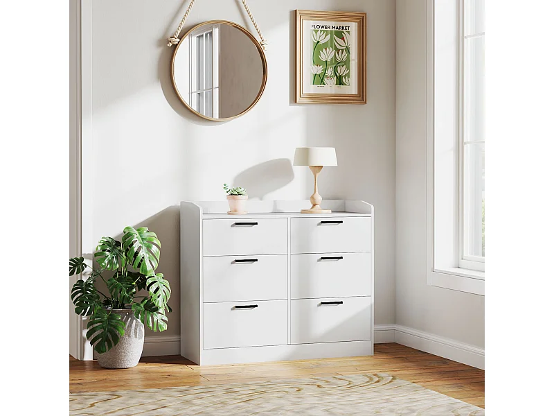 Cassettiera 6 cassetti moderna con bordi rialzati in legno bianco