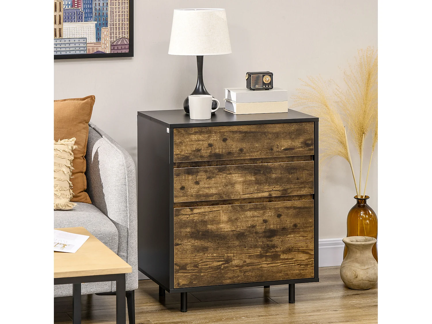 Cassettiera con 3 cassetti in truciolato dallo stile rustico