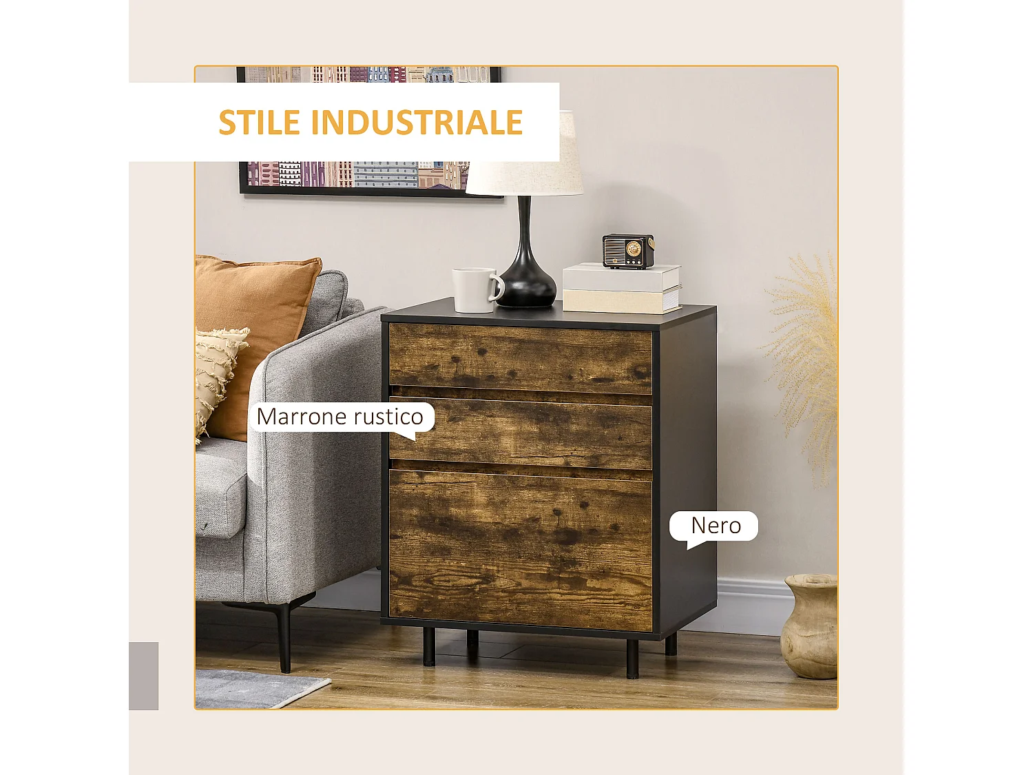 Cassettiera con 3 cassetti in truciolato dallo stile rustico