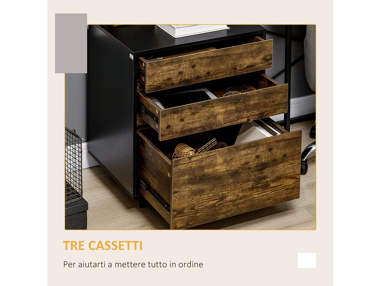 Cassettiera con 3 cassetti in truciolato dallo stile rustico