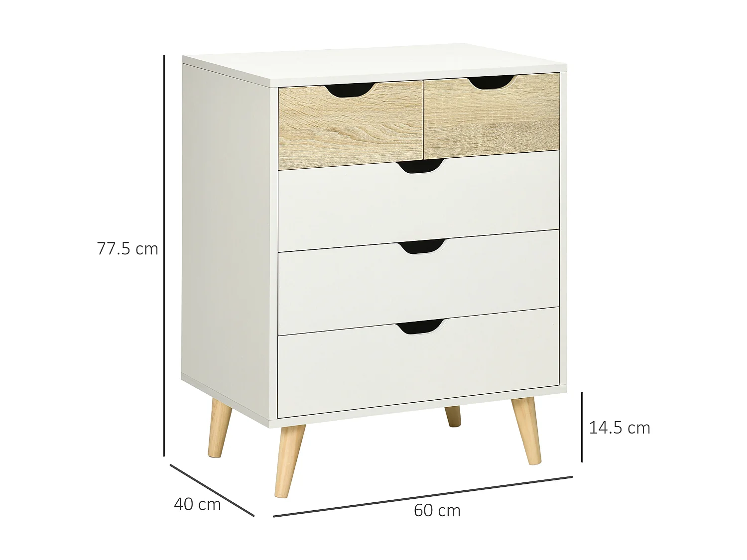 Cassettiera 5 cassetti con maniglie intagliate colore legno e bianco