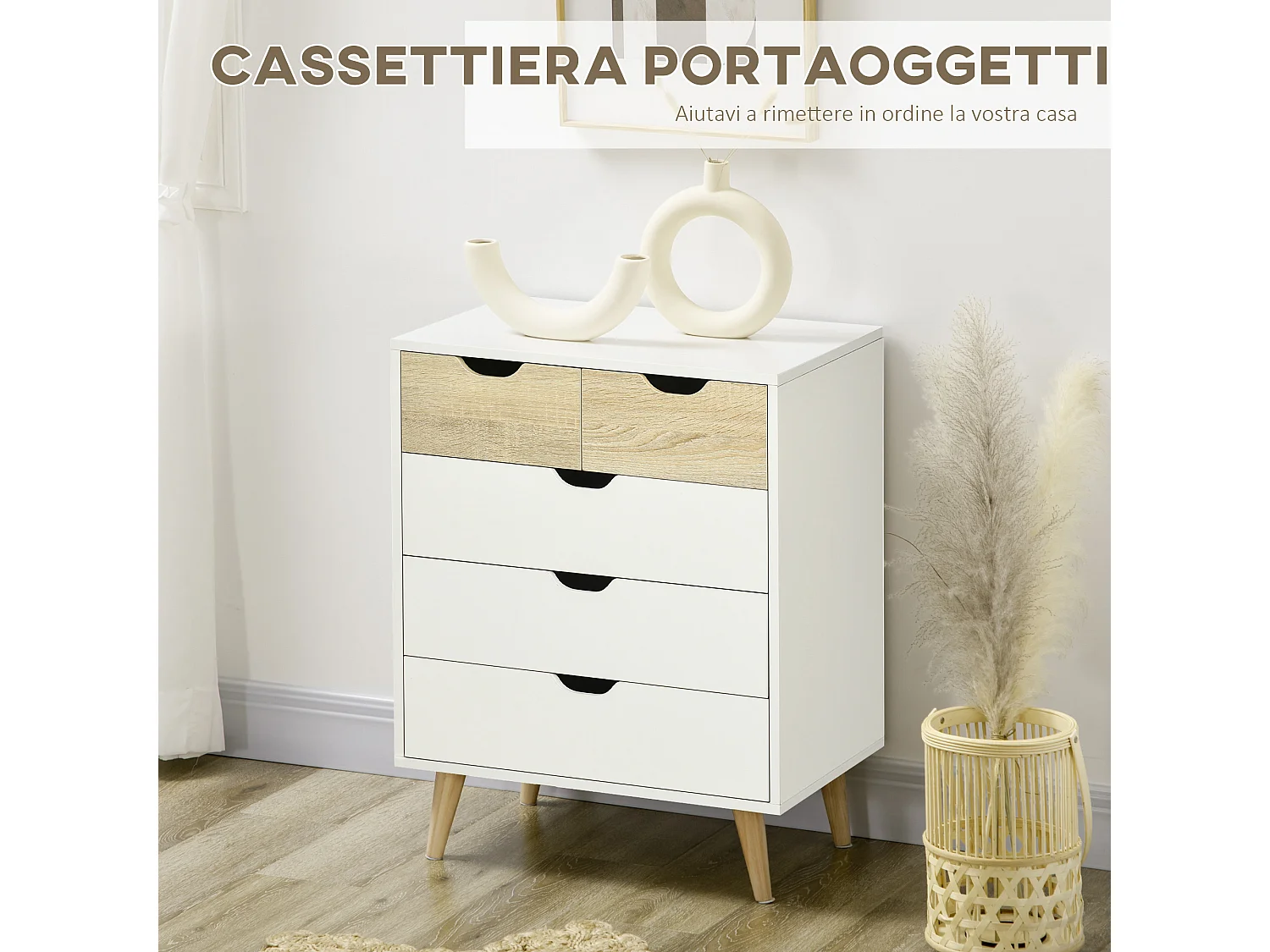 Cassettiera 5 cassetti con maniglie intagliate colore legno e bianco