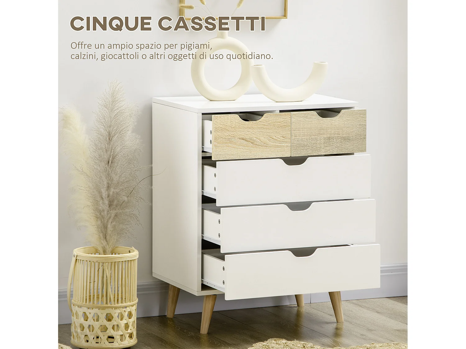 Cassettiera 5 cassetti con maniglie intagliate colore legno e bianco