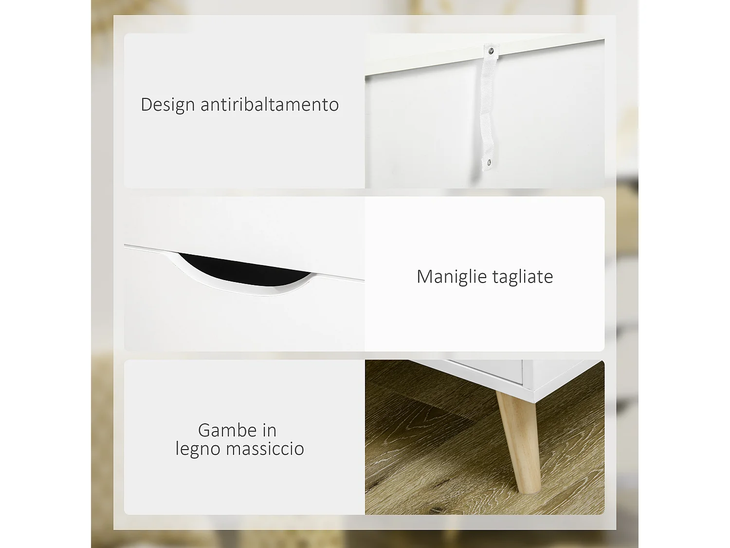 Cassettiera 5 cassetti con maniglie intagliate colore legno e bianco