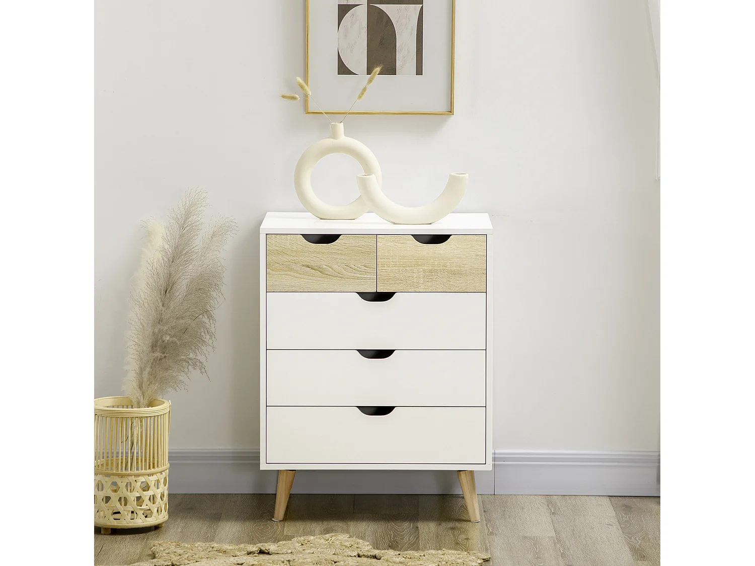 Cassettiera 5 cassetti con maniglie intagliate colore legno e bianco