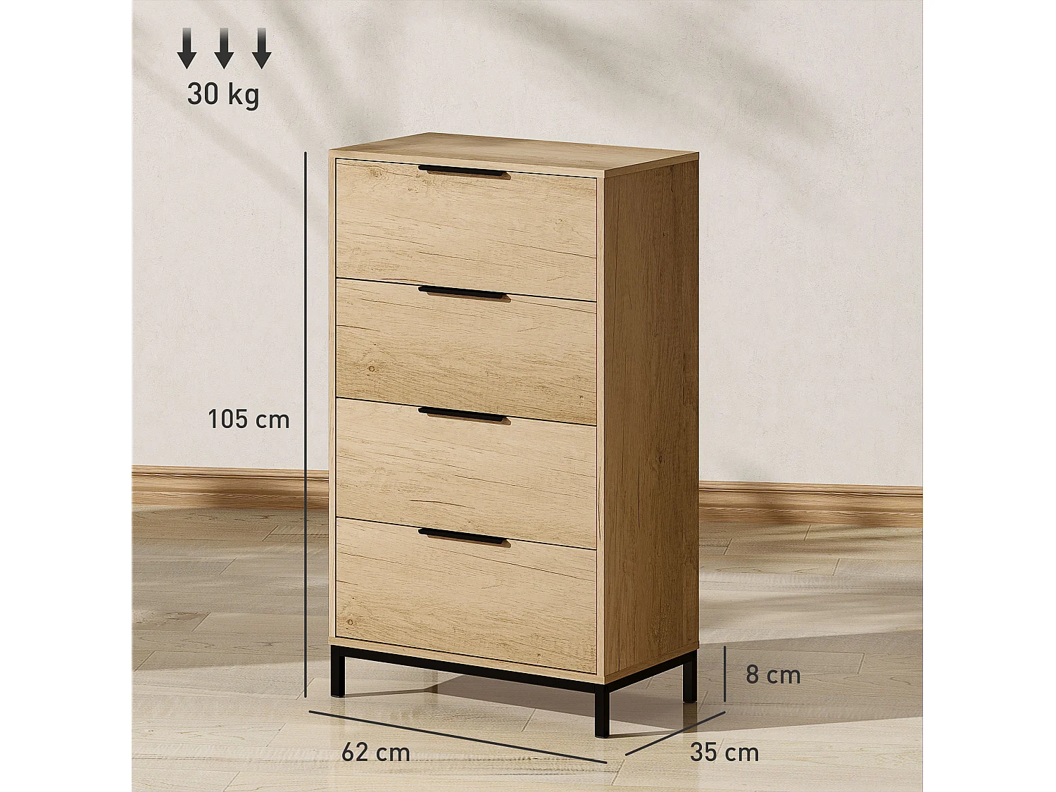 Cassettiera 4 cassetti in truciolato e metallo 62x35x10 cm marrone