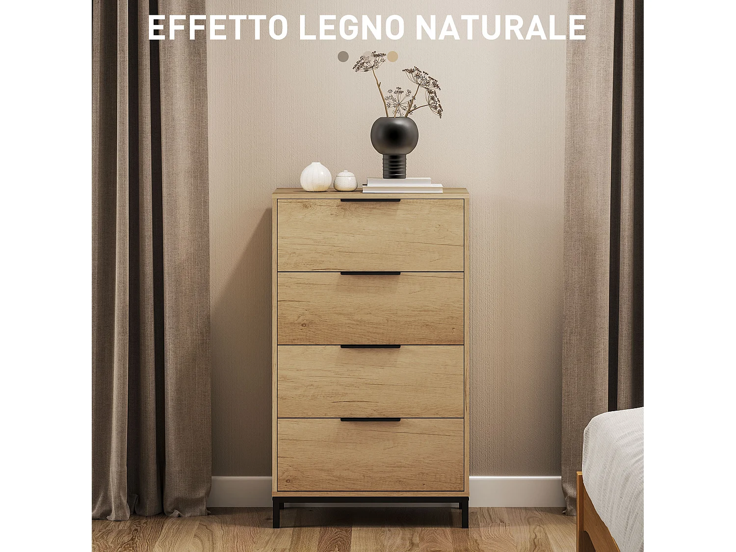 Cassettiera 4 cassetti in truciolato e metallo 62x35x10 cm marrone