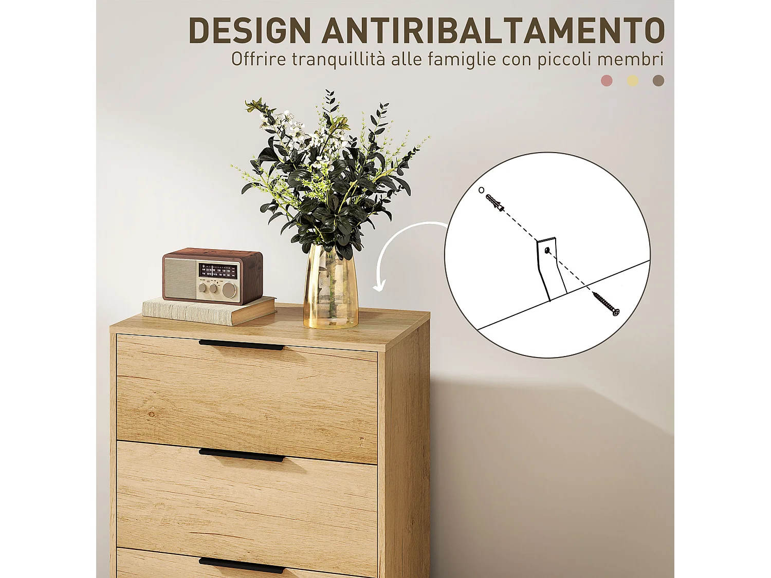 Cassettiera 4 cassetti in truciolato e metallo 62x35x10 cm marrone