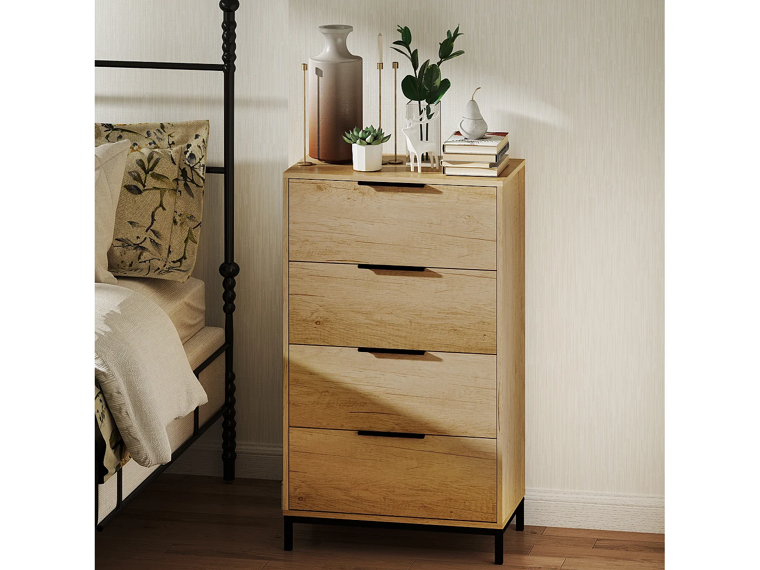 Cassettiera 4 cassetti in truciolato e metallo 62x35x10 cm marrone