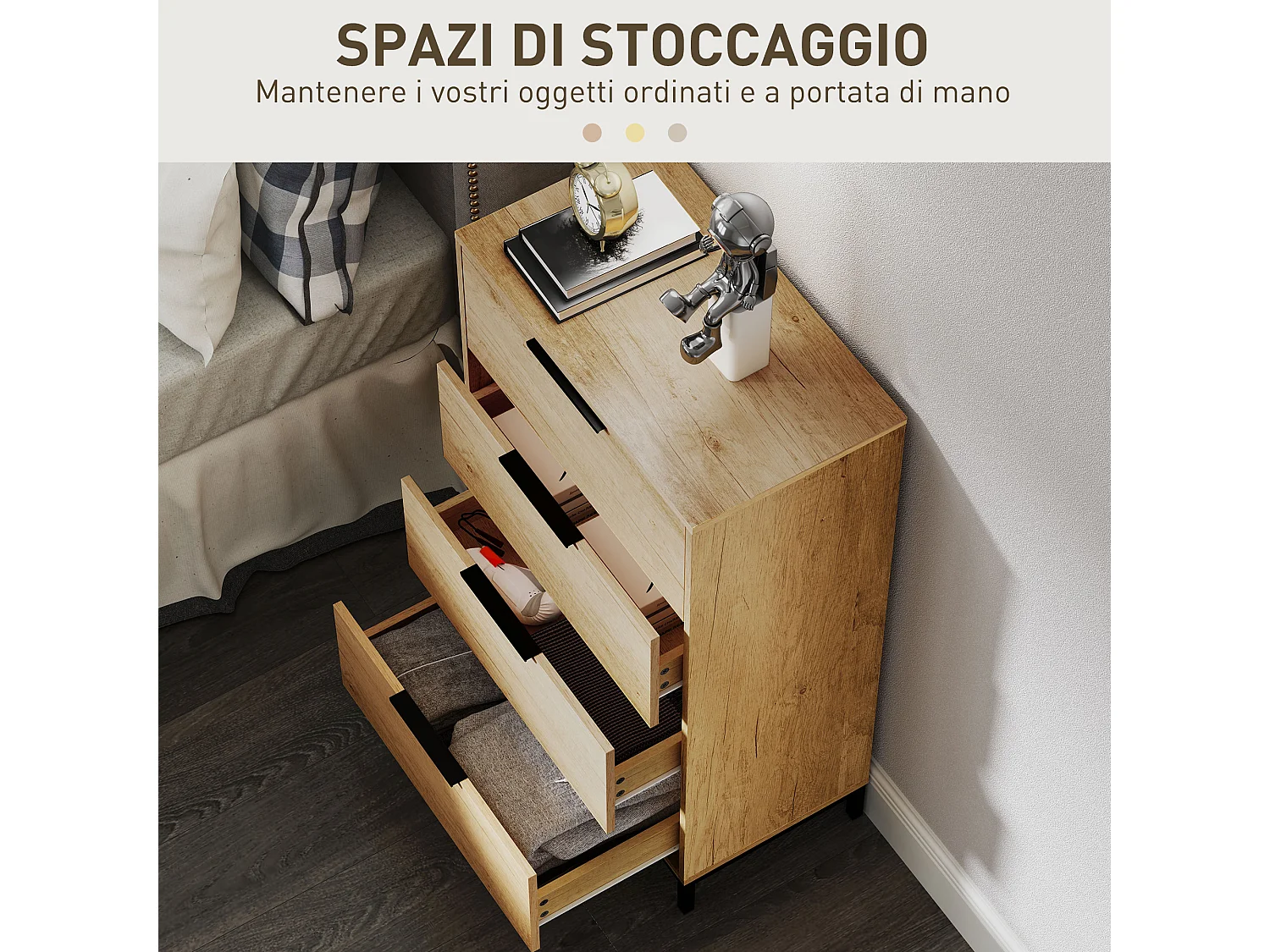 Cassettiera 4 cassetti in truciolato e metallo 62x35x10 cm marrone